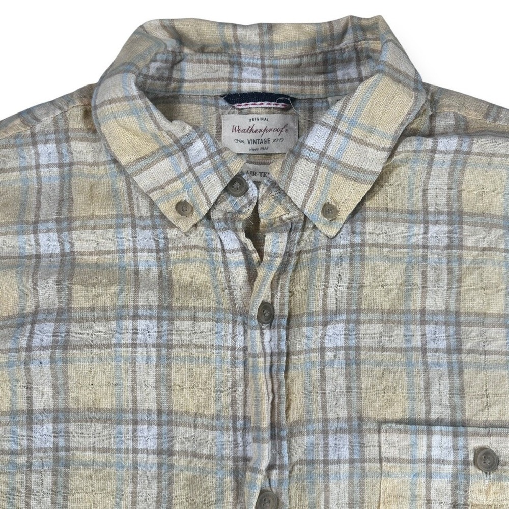 Weatherproof Vintage Mens XL Yellow Blue Plaid Air-Tex Short Sleeve Button Down